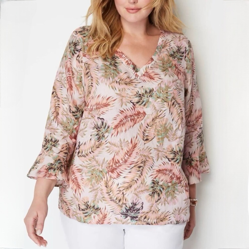 J. Jill Love Linen V-Neck Flounce Sleeve Cheerful Palms Printed Top Pink size XL